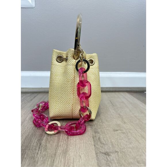 JIMMY CHOO Bon Bon Small Acrylic-trimmed Raffia Bucket Bag $1650 - Picture 7 of 12